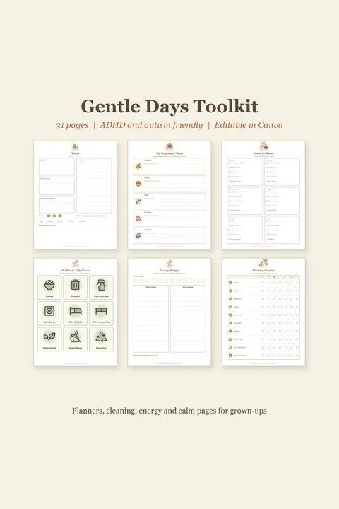 Gentle Days printable life toolkit for grown-ups, ADHD and autism friendly, botanical pages