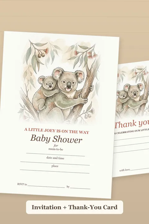 Australian Baby Shower Bundle: watercolour-style koala Joey Editable Canva Templates