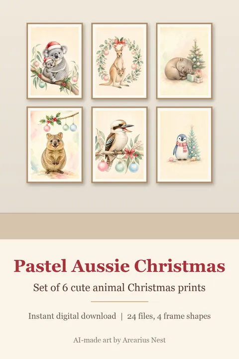Australian Christmas Prints Set of 6: watercolour-style pastel Koala Kangaroo Wombat Quokka Wall Art