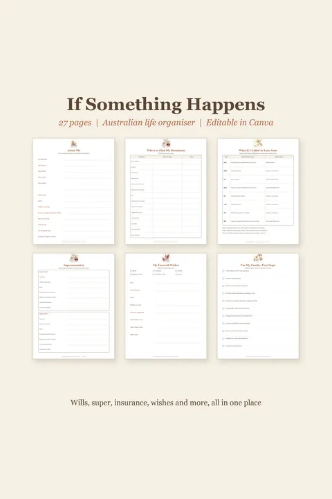 Life organiser for if something happens, printable binder pages