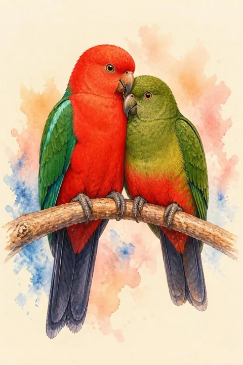 Australian King Parrot Pair Print: watercolour-style bright Colourful Red and Green Parrot Love Birds