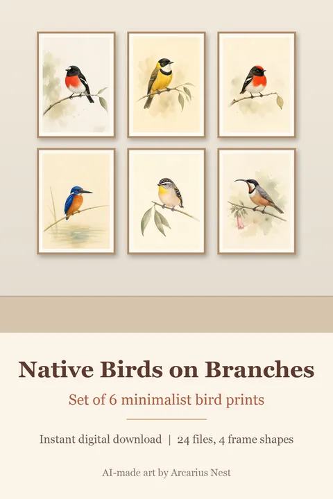 Australian Native Birds on Branches Set of 6: watercolour-style minimalist Watercolor-Style Bird Wall Art