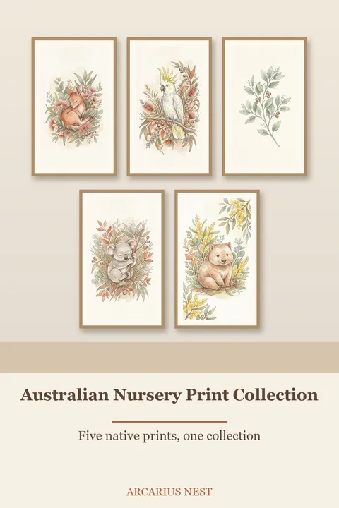 Australian Nursery Print Collection: watercolour-style full Set of 5 Watercolor Native Animal & Botanical Wall Art