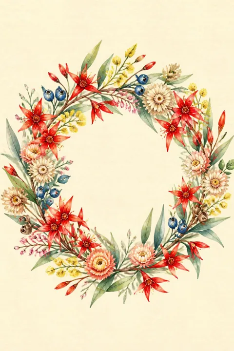 Australian Wildflower Wreath Print in Christmas Colours: watercolour-style bright Red Star Flowers