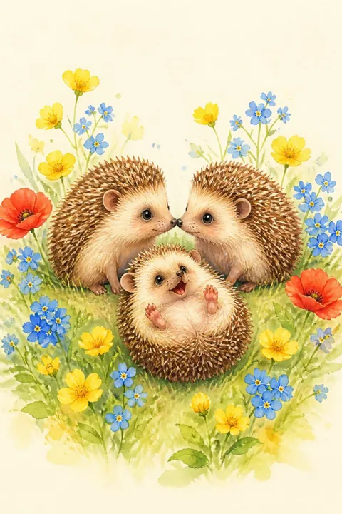 Baby Hedgehogs Print: watercolour-style bright Colourful Meadow Flowers Nursery Wall Art