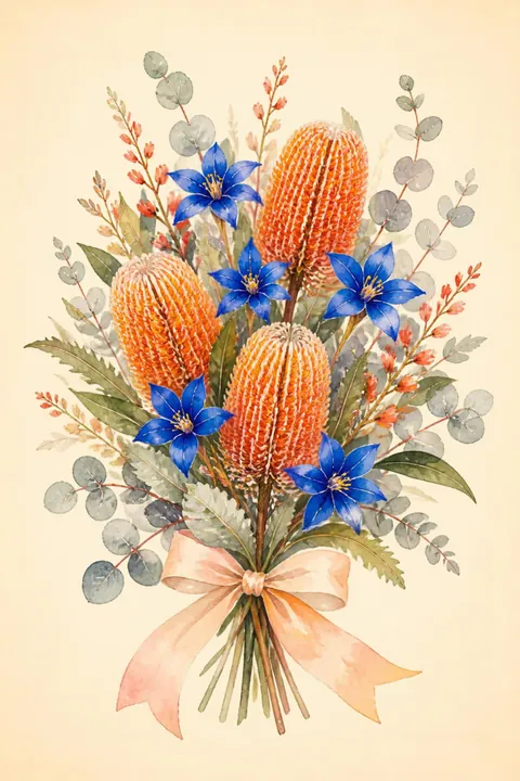 Banksia and Blue Flax-lily Bouquet Print: watercolour-style bright Colourful Orange Banksia Flowers