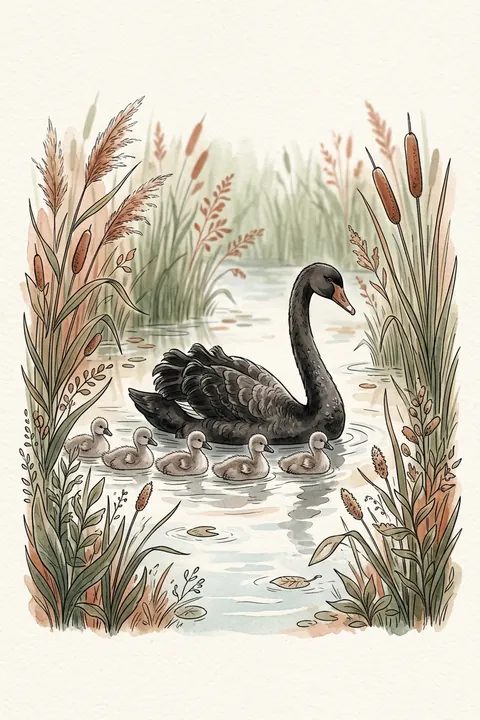Black Swan Print: watercolour-style australian Cygnets Nursery Wall Art