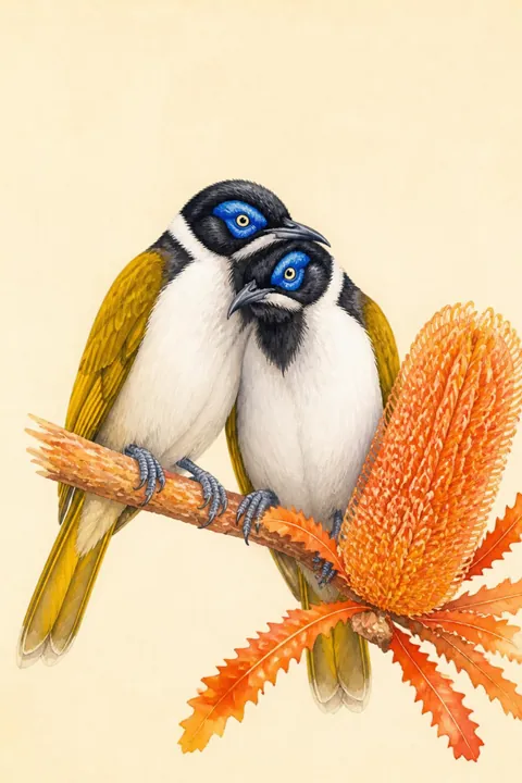 Blue-faced Honeyeater Pair Print: watercolour-style bright Colourful Bird Couple on Orange Banksia