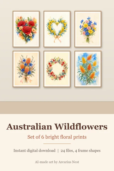 Bright Australian Wildflower Set of 6: watercolour-style waratah Wattle Banksia Heart Wreath Wall Art