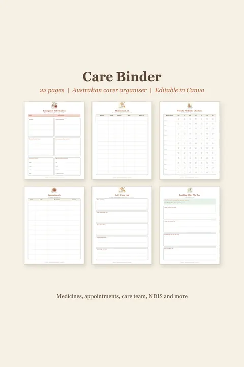 Care binder organiser for carers, appointments and medicines, printable pages