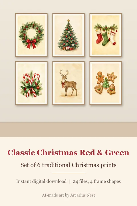 Classic Christmas Prints Set of 6: watercolour-style red and Green Holly Wreath Tree Stockings Reindeer