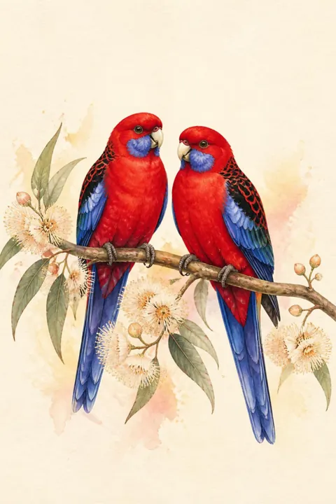 Crimson Rosella Pair Print: watercolour-style bright Colourful Red and Blue Parrot Love Birds