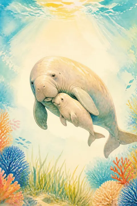 Dugong and Calf Print: watercolour-style bright Colourful Ocean Wall Art