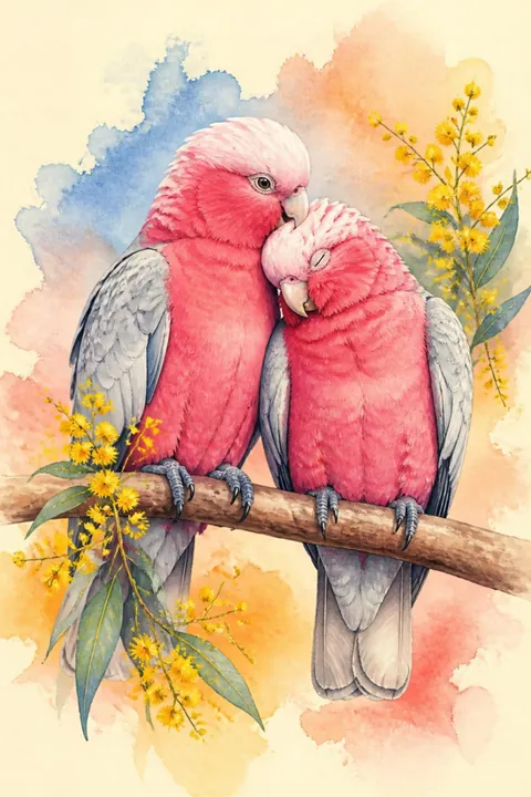 Galah Love Birds Print: watercolour-style bright Colourful Pink and Grey Galah Pair