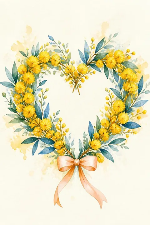 Golden Wattle Heart Wreath Print: watercolour-style bright Yellow Wattle Flowers