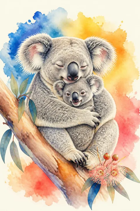 Koala Mother and Joey Cuddle Print: watercolour-style bright Colourful Australian Animal Nursery Wall Art