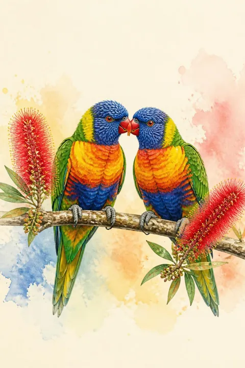 Lorikeet Love Birds Print: watercolour-style bright Colourful Rainbow Lorikeet Pair