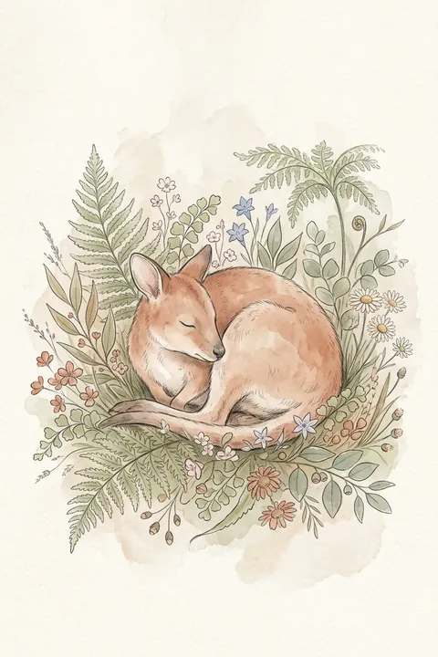 Pademelon Fern Nursery Print: watercolour-style australian Native Animal Wall Art