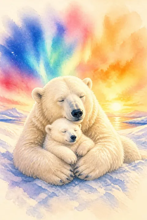Polar Bear Mother and Cub Print: watercolour-style bright Colourful Rainbow Sky Nursery Wall Art