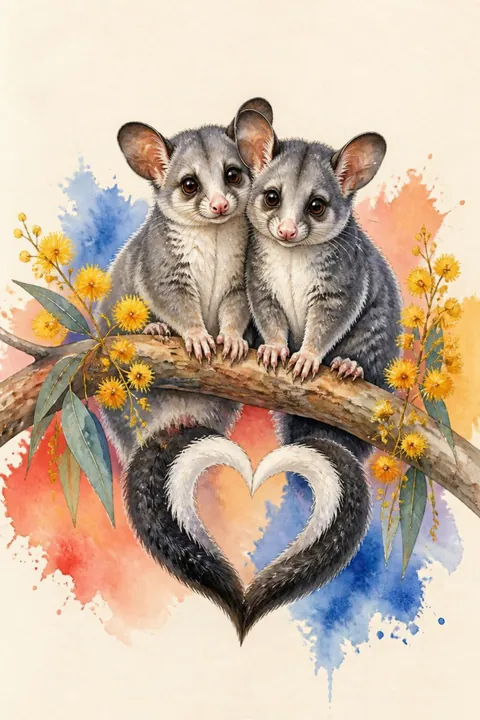 Possum Love Heart Print: watercolour-style two Possums with Heart Tails
