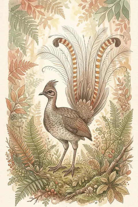 Superb Lyrebird Nursery Print: watercolour-style australian Native Woodland Wall Art