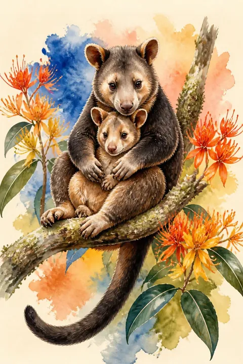 Tree-Kangaroo Mother and Joey Print: watercolour-style bright Colourful Australian Rainforest Animal Wall Art