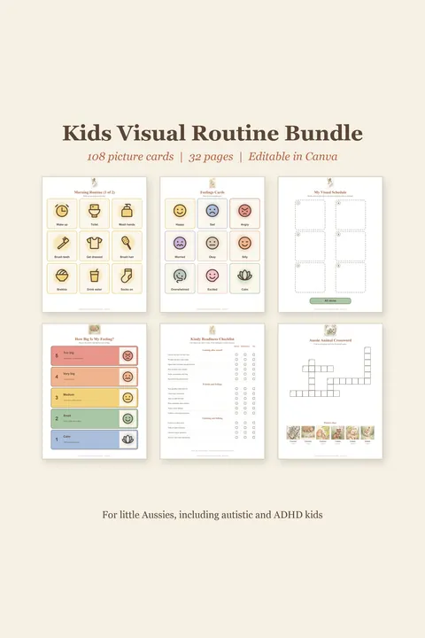 Kids visual routine cards and preschool printables with Australian animal illustrations
