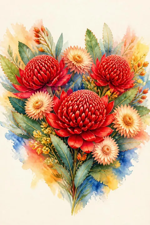 Waratah Heart Bouquet Print: watercolour-style bright Colourful Red Waratah Flowers