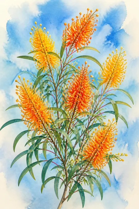 Western Australian Christmas Tree Inspired Blossom Print: watercolour-style bright Orange Golden Flowers